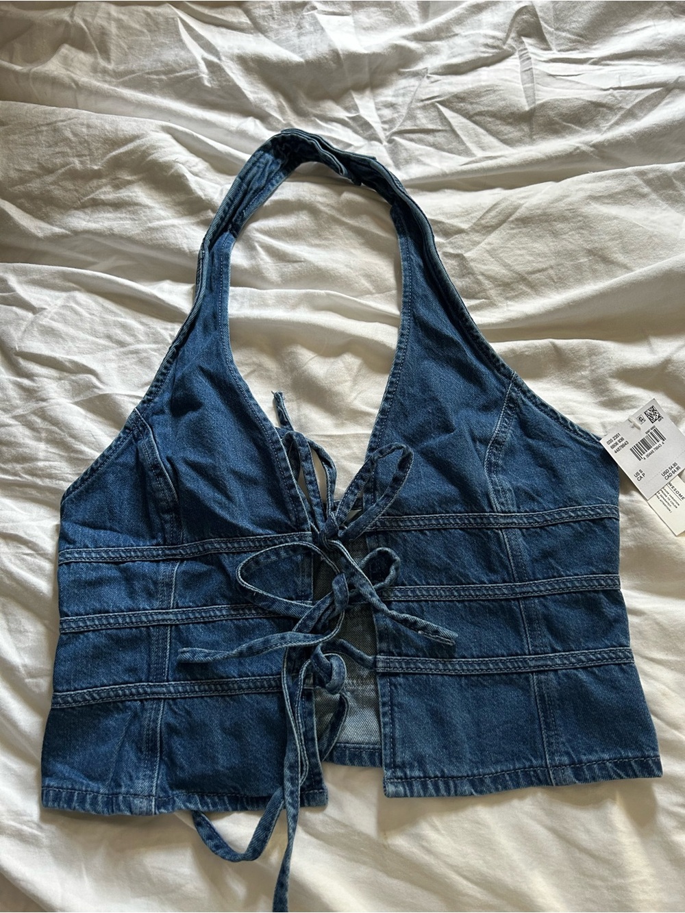 aerie Indigo Denim Halter Tie-Front Crop Top